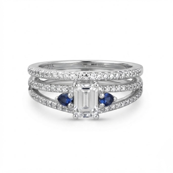 Sterling Silver Clear and Blue CZ Wedding Set Ring ER-124