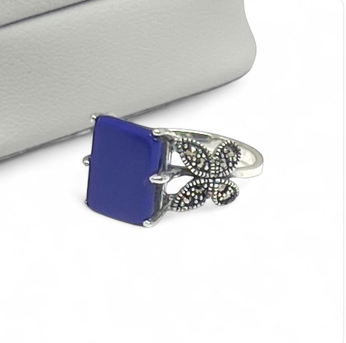 Sterling Silver Blue Stone Square Butterfly Marcasite Ring-AE-69
