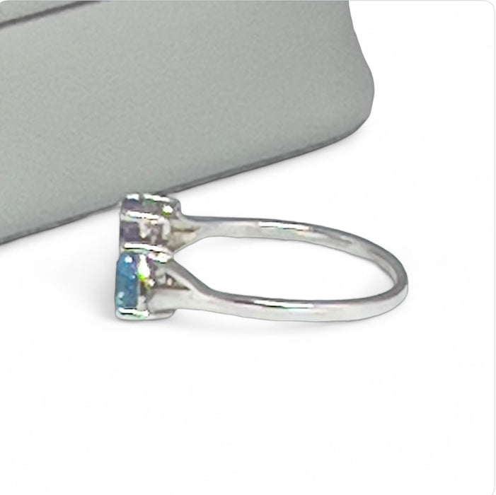Sterling Silver Double Heart Amethyst CZ & Aquamarine CZ Ring-AE-51