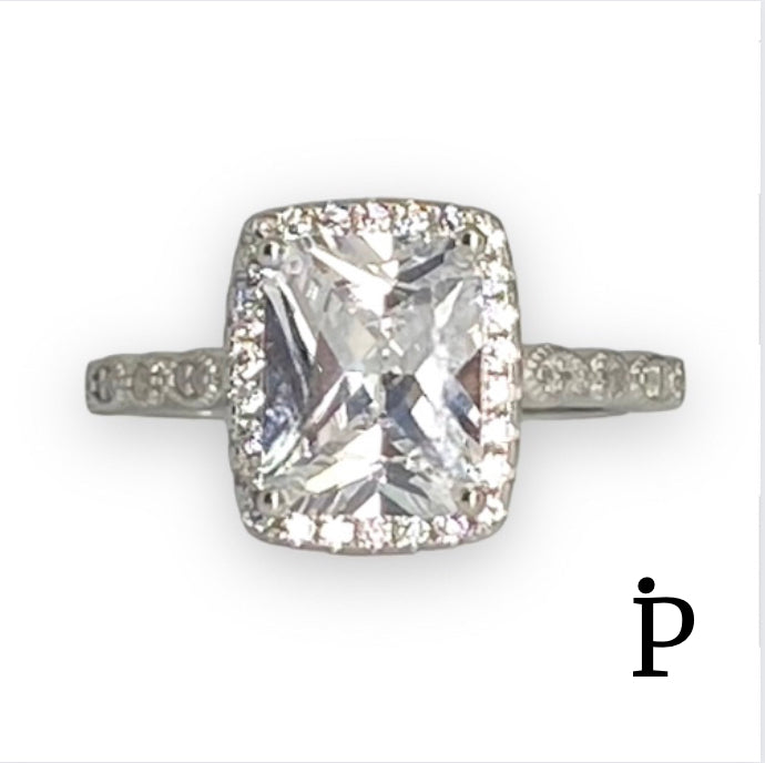 (ACP-54).925 Plata anillo de compromiso corte halo con circonia color blanca