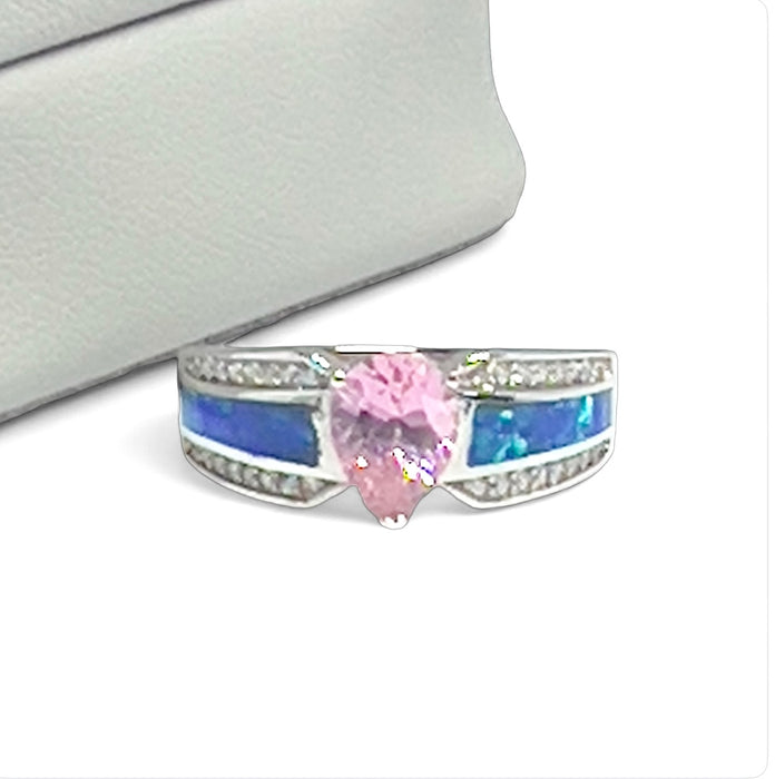 Sterling Silver Brilliant Blue Lab Opal & Pink Pear Cut & Clear CZ Ring  -AE-33