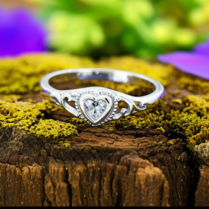 Sterling Silver Filigree Heart CZ Ring-AE-109