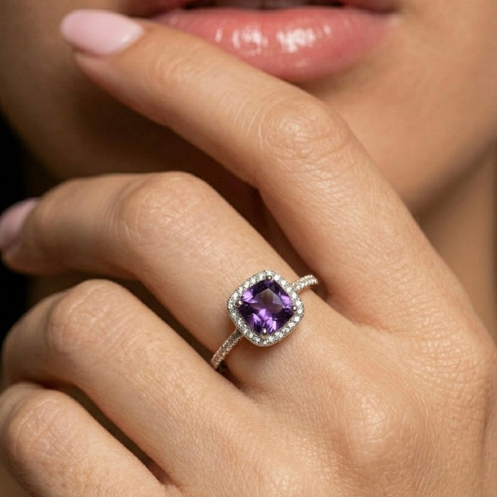 Sterling Silver Cushion Cut Amethyst CZ Ring AE-05