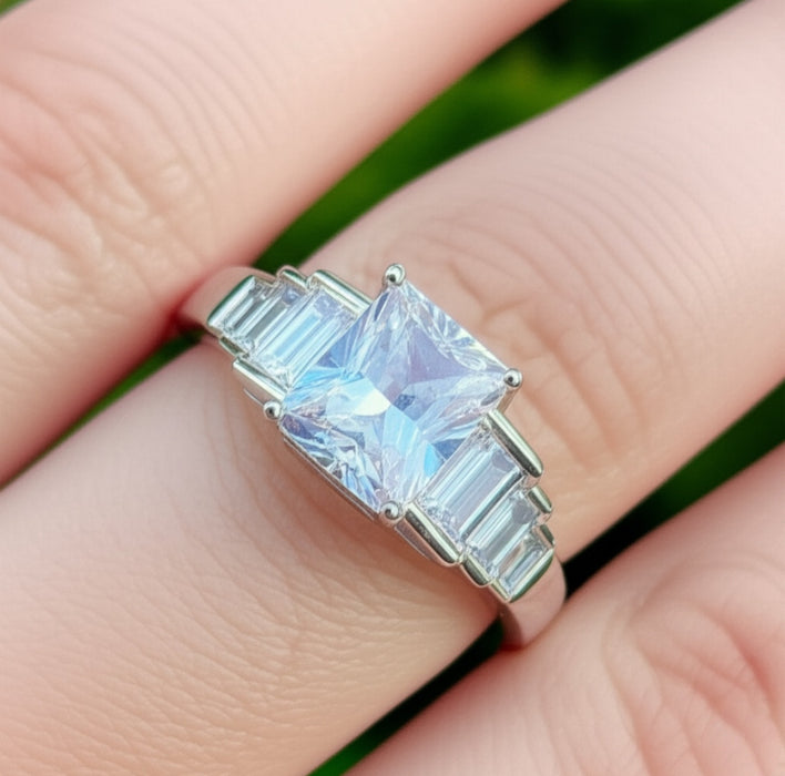 Sterling Silver Emerald-Cut Engagement CZ Ring -ER -24