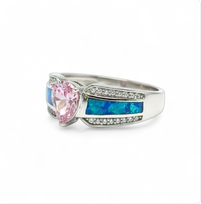 Sterling Silver Brilliant Blue Lab Opal & Pink Pear Cut & Clear CZ Ring  -AE-33