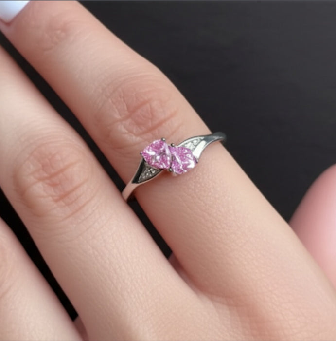 Sterling Silver Double Heart Pink CZ Ring-AE-01