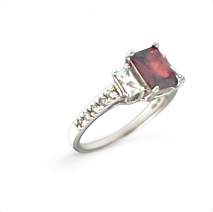 Sterling Silver Rectangular Cut Garnet CZ Ring-AE-03