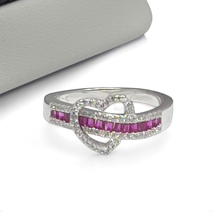 Sterling Silver Unique Heart Ruby CZ Ring-AE-19