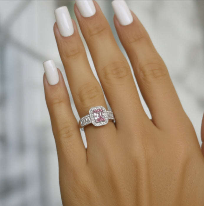Sterling Silver Emerald Cut Pink Clear CZ Ring-AE-72