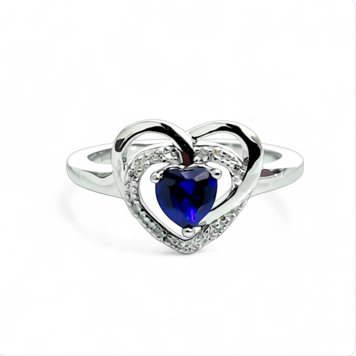 Sterling Silver Precious Heart Blue Sapphire CZ Ring-AE-56