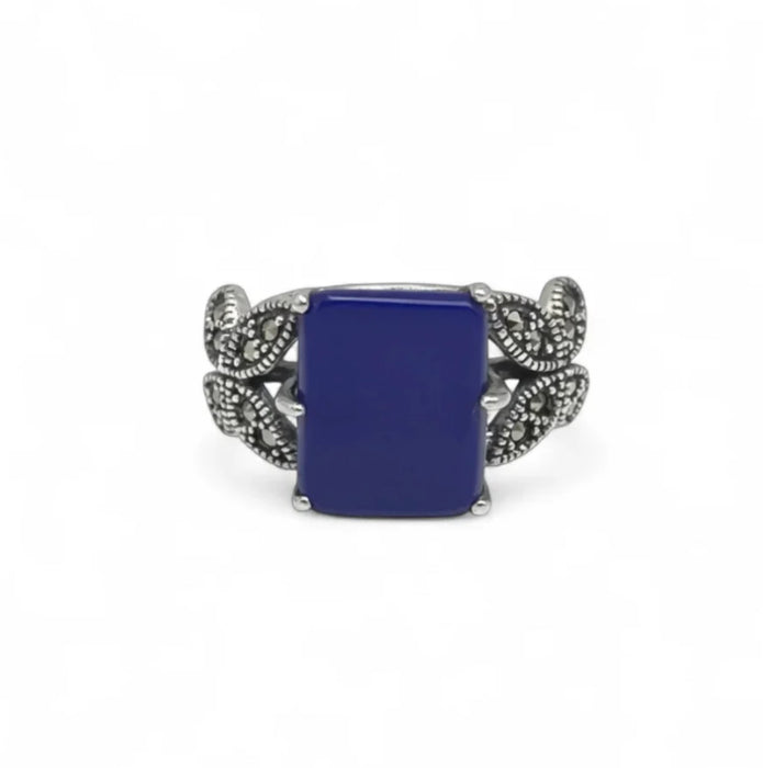Sterling Silver Blue Stone Square Butterfly Marcasite Ring-AE-69