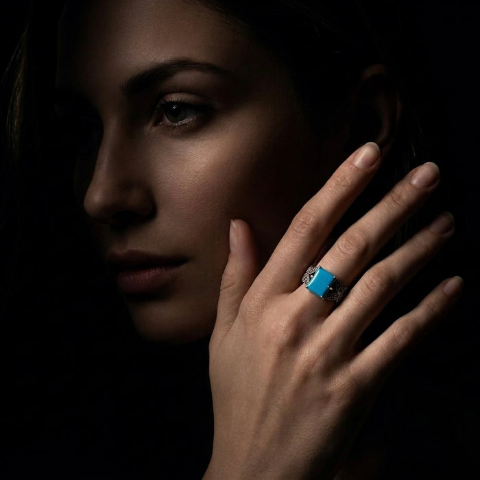 Square Turquoise Butterfly Sterling Silver Ring-AE-68