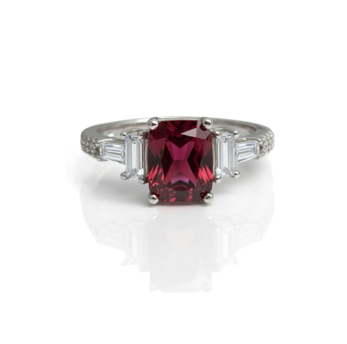 Sterling Silver Rectangular Cut Garnet CZ Ring-AE-03