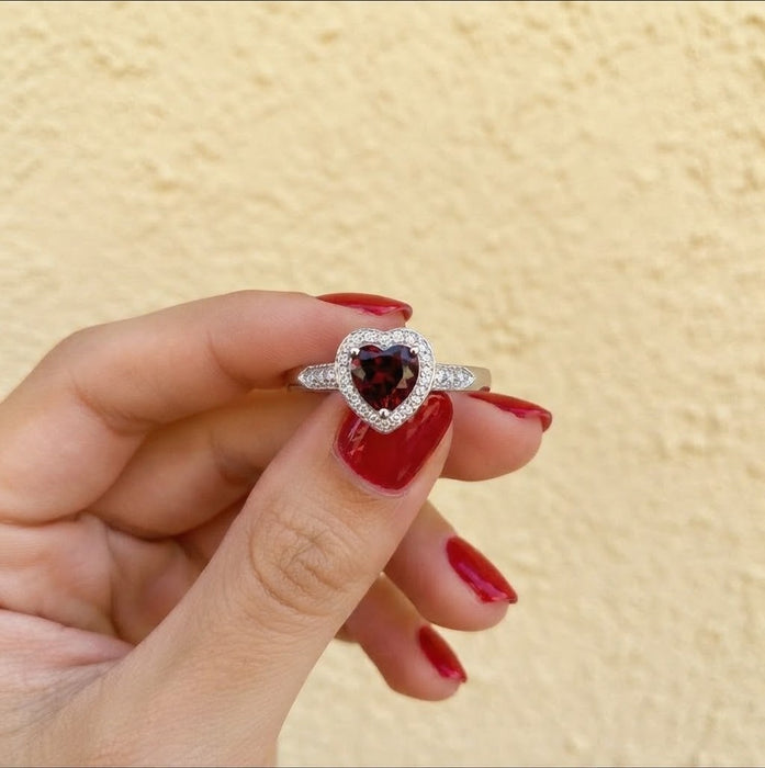 Sterling Silver Promise Ring with CZ Heart-Shaped Garnet-AE-113