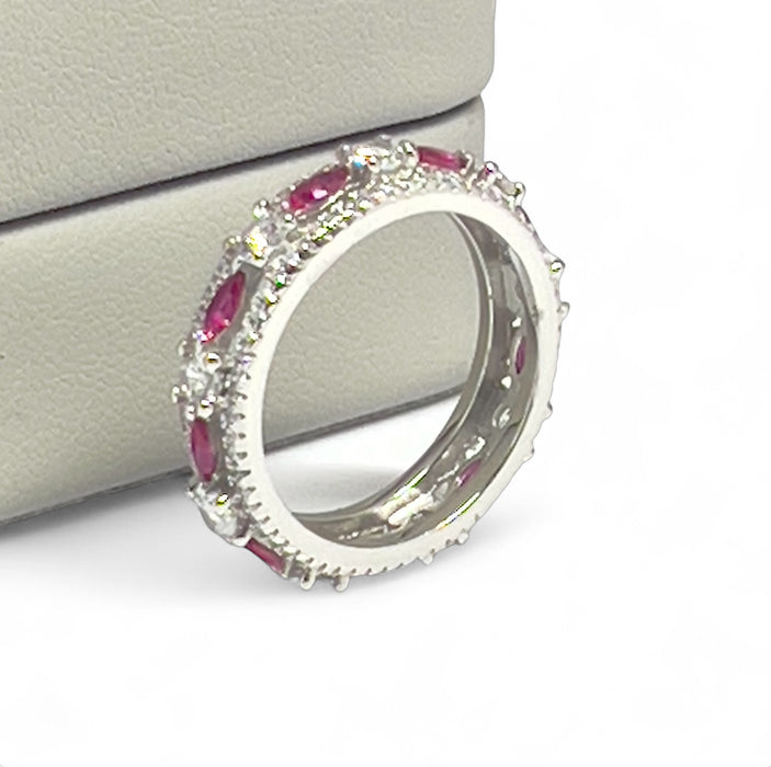 Sterling Silver Modern Eternity Wedding Ring with Simulated Ruby-AE-120