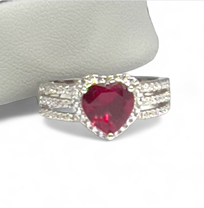 Sterling Silver Ruby Heart CZ Ring-AE-10