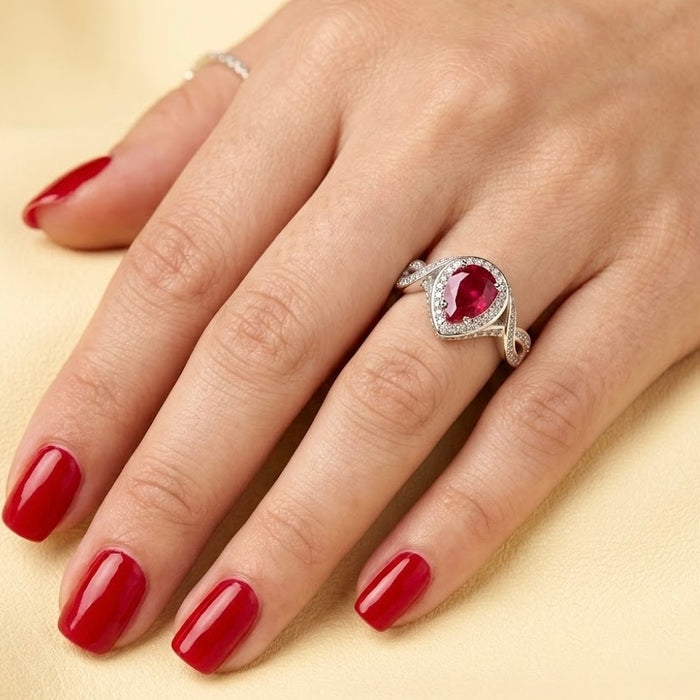 Sterling Silver Elegant Pear Cut Dark Garnet Ring-AE-118