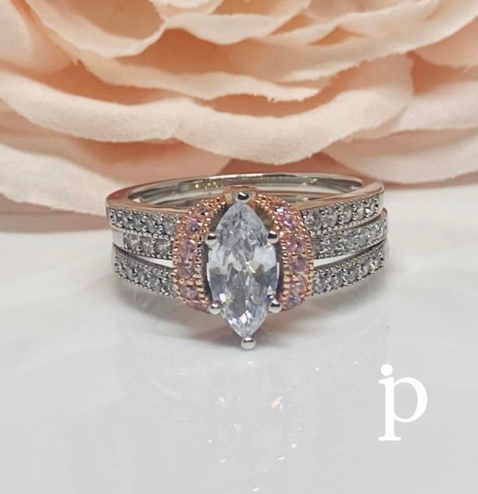 (ACP-149) .925 Plata anillo doble, corte marquesa en color blanca , en dos tonos en color rosa.