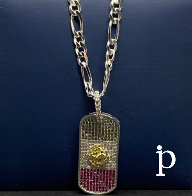 (CCP-87).925 Silver figaro style chain with Mexican flag pendant.