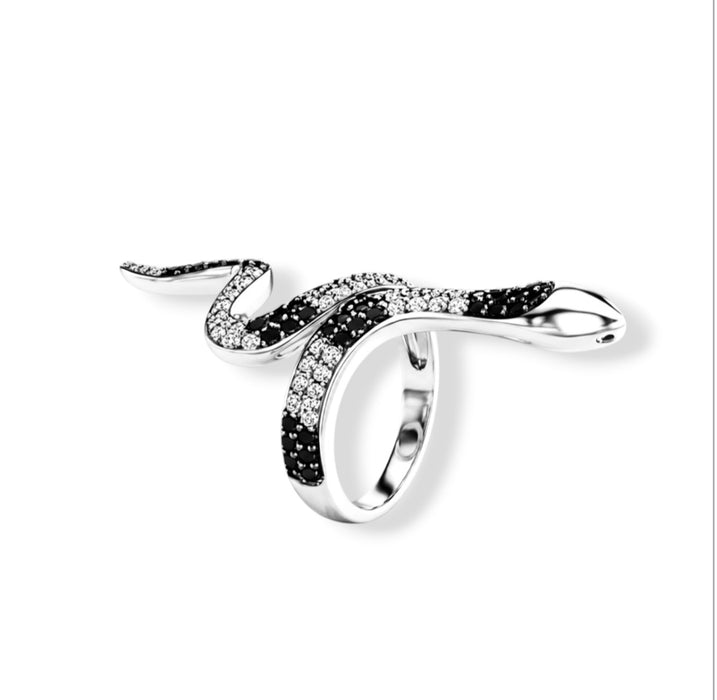 Sterling Silver Two-Tone CZ Snake Shaped Ring-AE-45