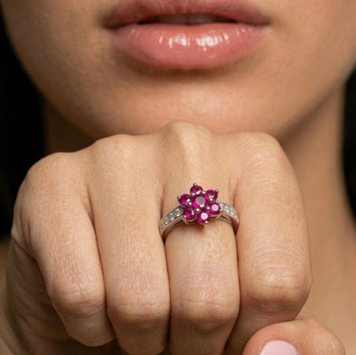 Sterling Silver Garnet Plumeria Flower CZ Ring-AE-06