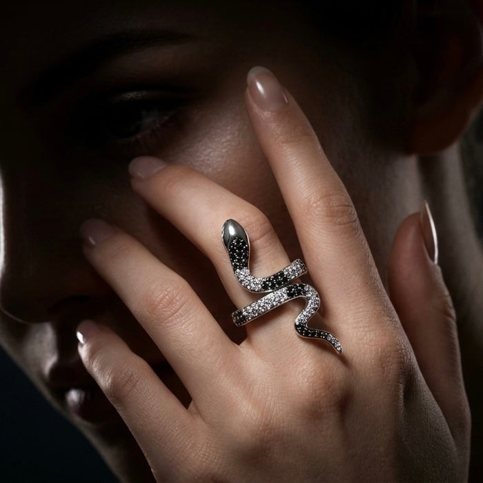 Sterling Silver Two-Tone CZ Snake Shaped Ring-AE-45