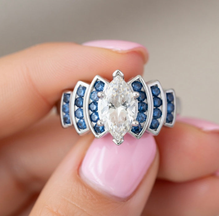 Sterling Silver Exquisite Blue Spinel Marquise Clear CZ Ring-ER-151