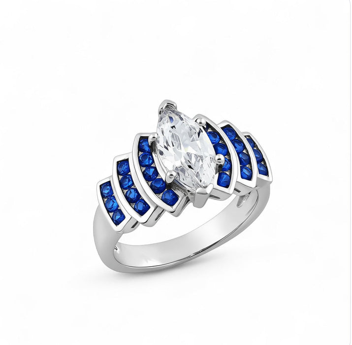 Sterling Silver Exquisite Blue Spinel Marquise Clear CZ Ring-ER-151
