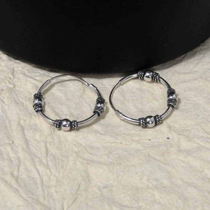 Sterling Silver 1.2mm x 17.0mm Bali Rope and Bead Hoop Earrings-SE-40