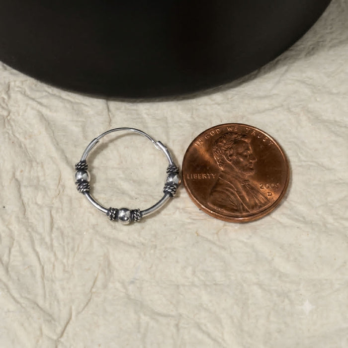 Sterling Silver 1.2mm x 17.0mm Bali Rope and Bead Hoop Earrings-SE-40