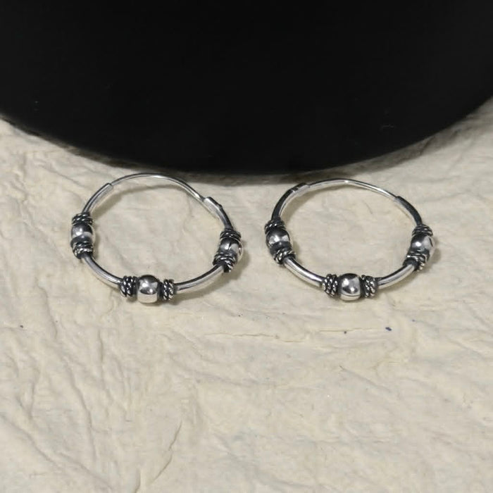 Sterling Silver 1.2mm x 17.0mm Bali Rope and Bead Hoop Earrings-SE-40