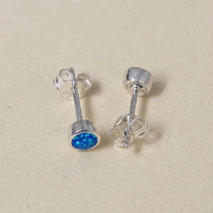 Sterling Silver Round Blue Lab Opal Stud Earrings-SE-65