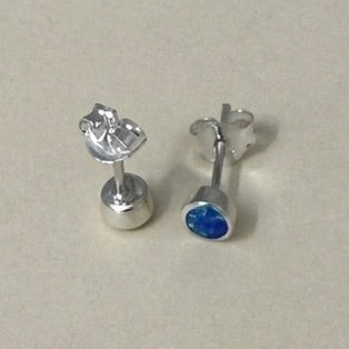Sterling Silver Round Blue Lab Opal Stud Earrings-SE-65