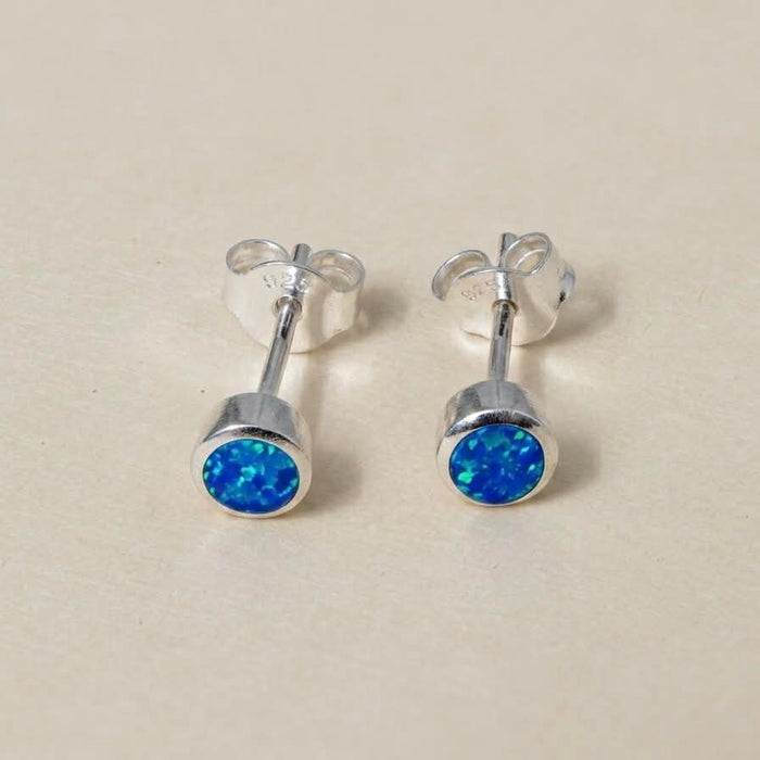 Sterling Silver Round Blue Lab Opal Stud Earrings-SE-65