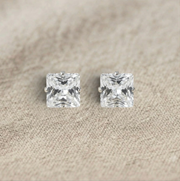 Sterling Silver 8X8mm Square Princess Cut CZ Stud Earrings-SET-72