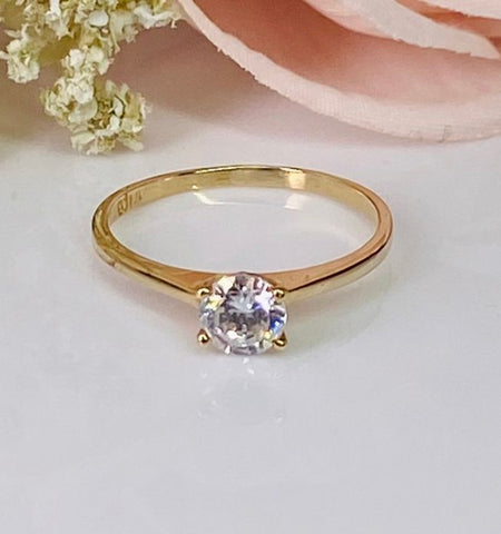 (ACO - 12) 14K Anillo oro amarillo de compromiso con solitario redondo ZC. - JoyeriaParis