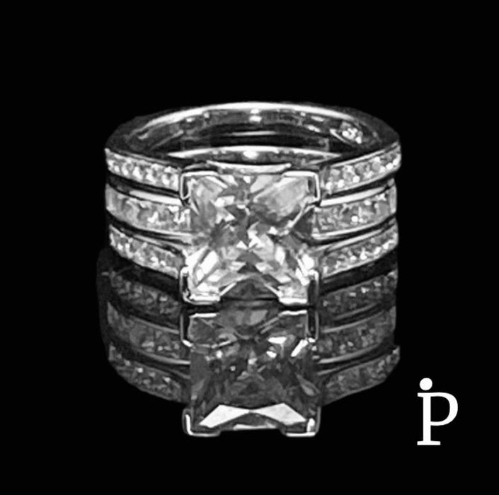 (ACP - 107) .925 Plata Set Anillo Circonitas Cubicas Cuadradas - JoyeriaParis