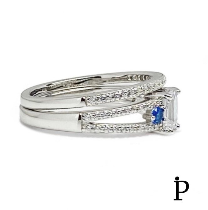 (ACP - 124) .925 Plata Anillo Bodas Circonitas Cubica Azules y Tranparentes - JoyeriaParis