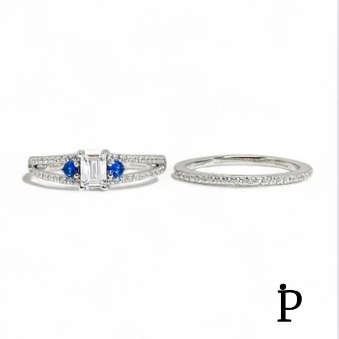 (ACP - 124) .925 Plata Anillo Bodas Circonitas Cubica Azules y Tranparentes - JoyeriaParis