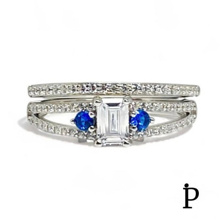 (ACP - 124) .925 Plata Anillo Bodas Circonitas Cubica Azules y Tranparentes - JoyeriaParis