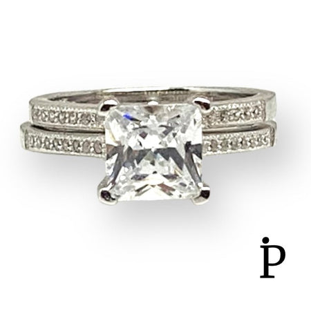 (ACP - 145) .925 Plata Set Anillo Circonita Cúbica Corte Princesa - JoyeriaParis