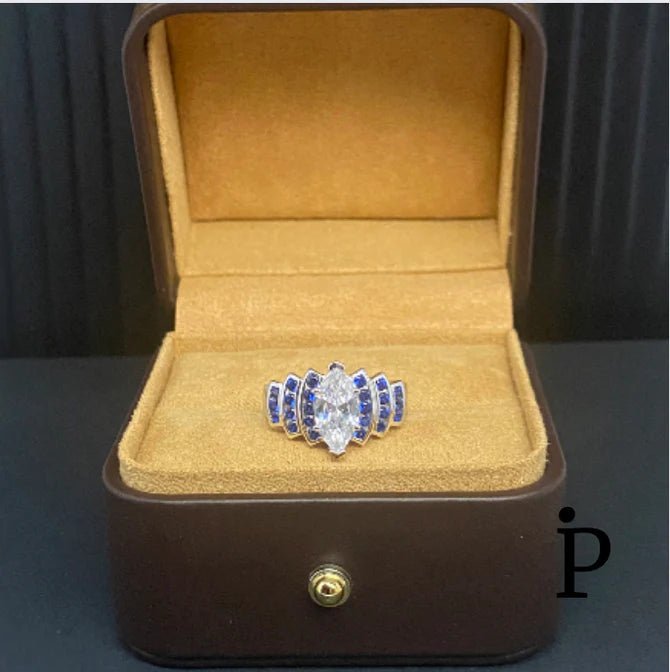 (ACP - 151) .925 Plata Anillo Compromiso Circonitas Cúbicas Blanca & Azul - JoyeriaParis