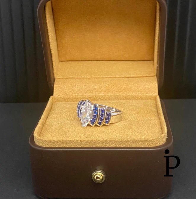 (ACP - 151) .925 Plata Anillo Compromiso Circonitas Cúbicas Blanca & Azul - JoyeriaParis