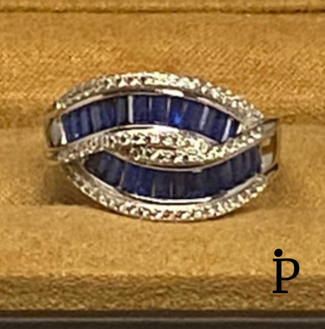 (ACP - 152) .925 Plata Anillo Compromiso con Circonia Cubica Azul Safiro Cruzado. - JoyeriaParis