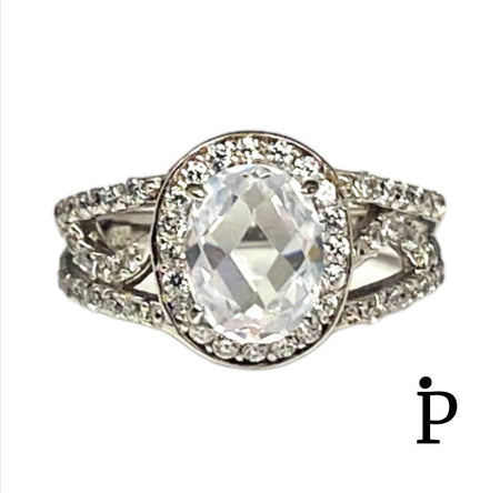 (ACP - 35) .925 Plata Anillo Halo con CZ Ovalado - JoyeriaParis