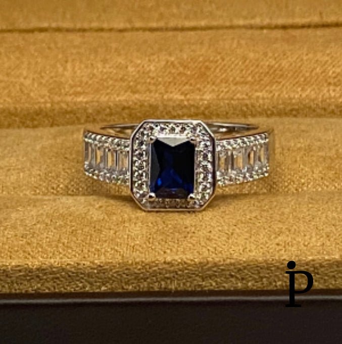 (ACP - 75) .925 Plata Anillo Corte Esmeralda CZ Azul - JoyeriaParis