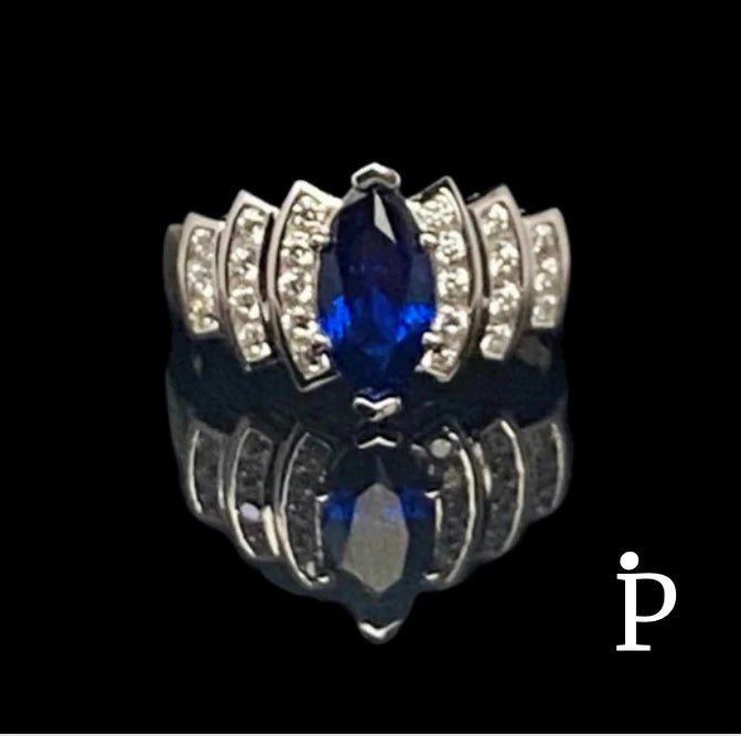 (ACP - 84) .925 Plata Anillo Corte Marquesa Azul - JoyeriaParis