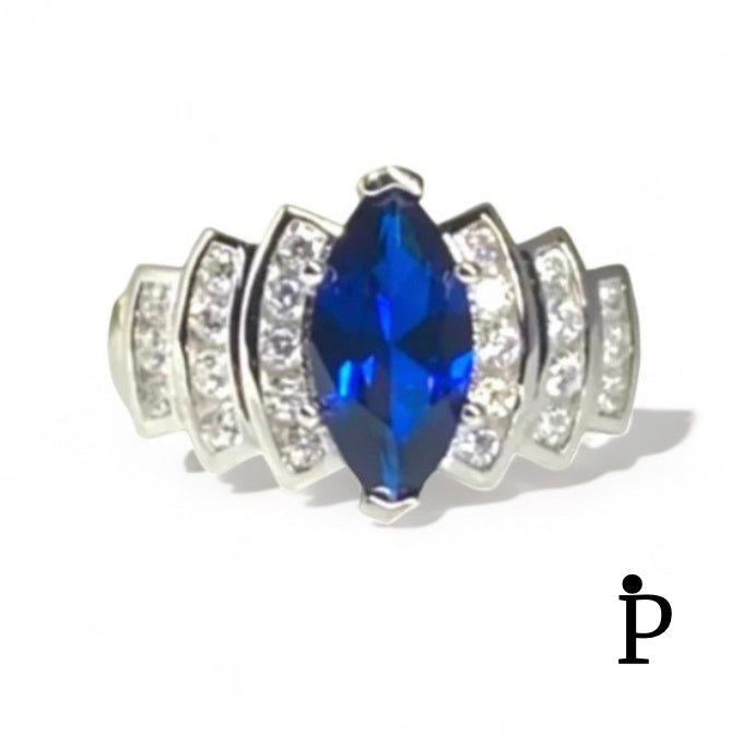 (ACP - 84) .925 Plata Anillo Corte Marquesa Azul - JoyeriaParis