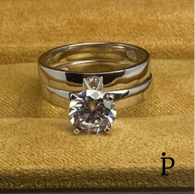 (ACP - 98) .925 Plata Conjunto Anillos CZ Rdonda & Lisa - JoyeriaParis