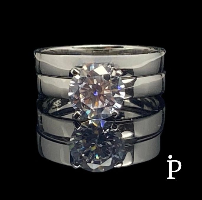 (ACP - 98) .925 Plata Conjunto Anillos CZ Rdonda & Lisa - JoyeriaParis